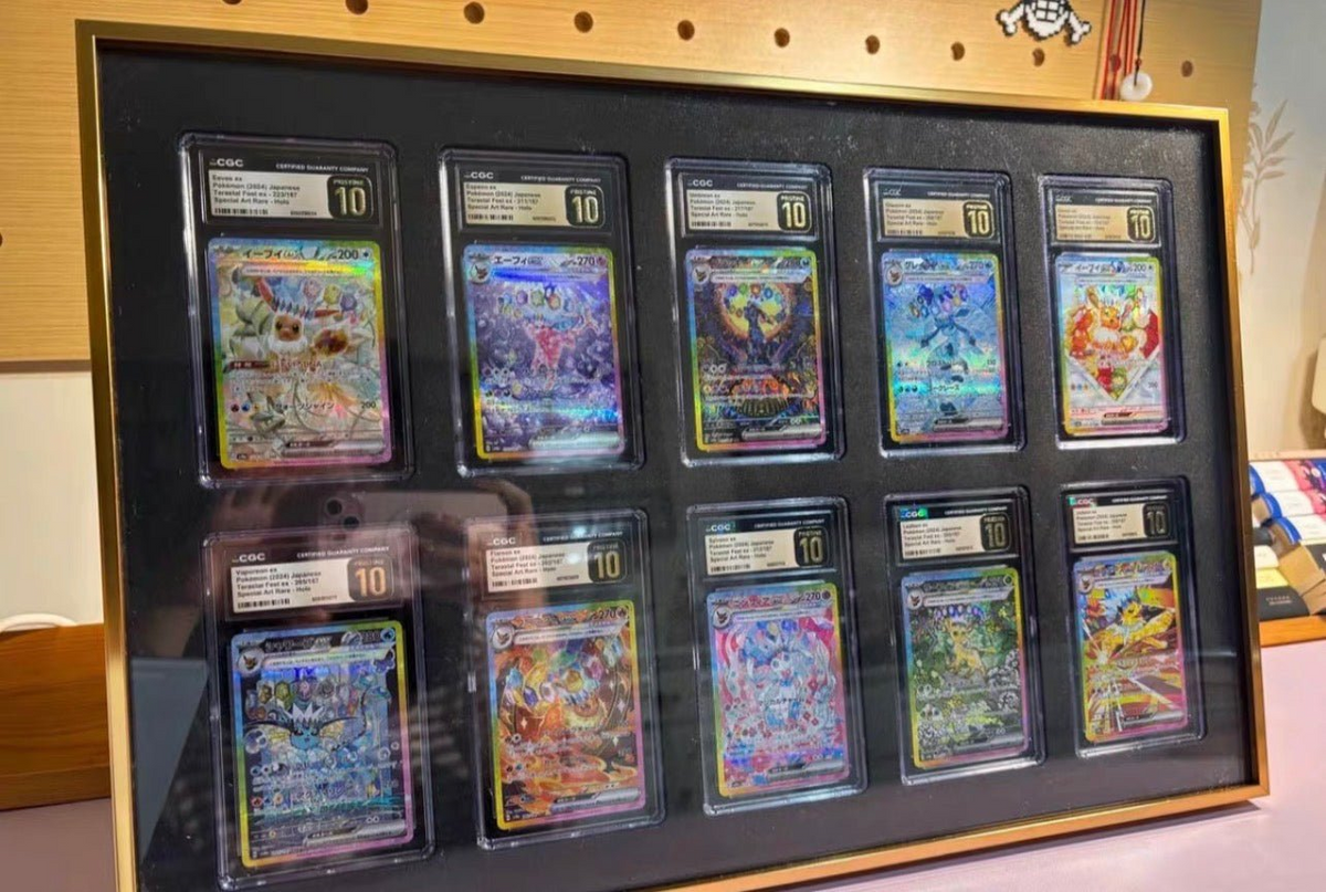 Premium aluminium metal trading card wall display frame case for Pokémon cards, MTG cards, Yu-Gi-Oh! cards, One Piece cards and sports cards, graded card wall display, PSA card frame, CGC card display, BGS slab display, One Touch magnetic holder display,