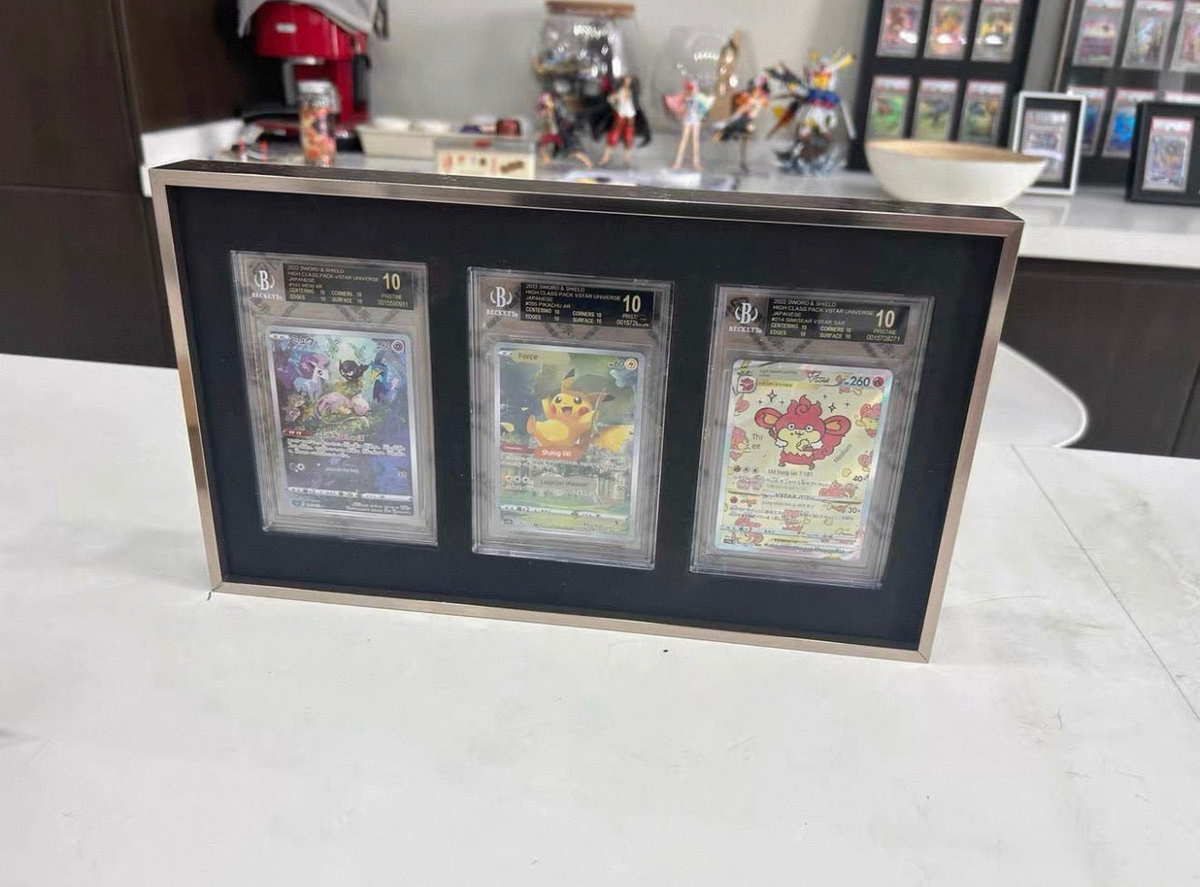 Premium aluminium metal trading card wall display frame case for Pokémon cards, MTG cards, Yu-Gi-Oh! cards, One Piece cards and sports cards, graded card wall display, PSA card frame, CGC card display, BGS slab display, One Touch magnetic holder display,