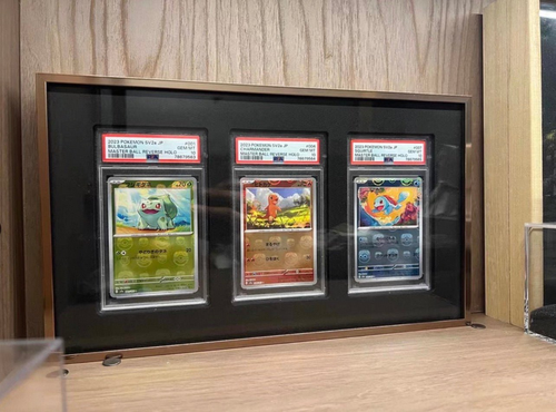 Premium aluminium metal trading card wall display frame case for Pokémon cards, MTG cards, Yu-Gi-Oh! cards, One Piece cards and sports cards, graded card wall display, PSA card frame, CGC card display, BGS slab display, One Touch magnetic holder display,