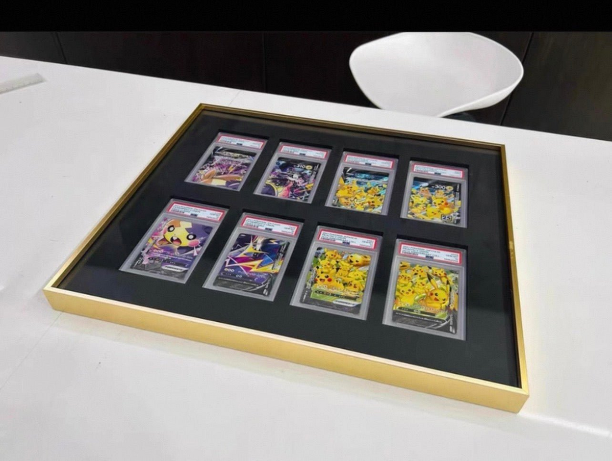 Premium aluminium metal trading card wall display frame case for Pokémon cards, MTG cards, Yu-Gi-Oh! cards, One Piece cards and sports cards, graded card wall display, PSA card frame, CGC card display, BGS slab display, One Touch magnetic holder display,